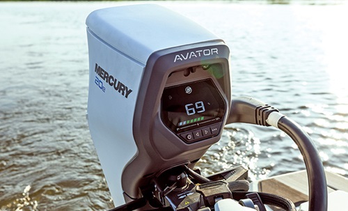 White and gray Mercury e-outboard motor in use.