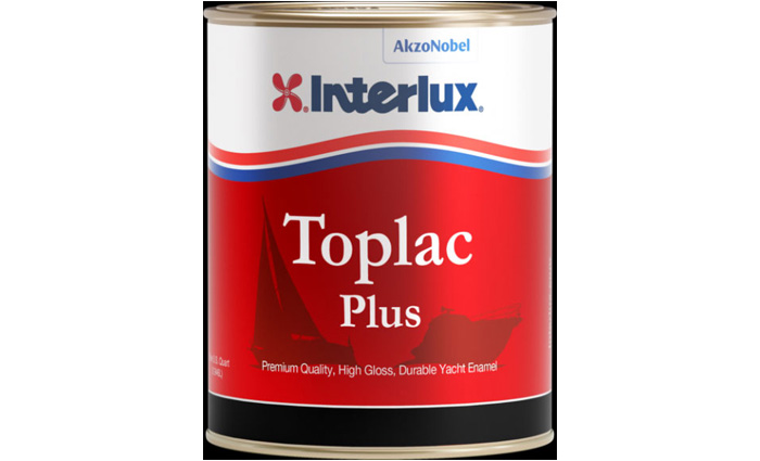 White, red and blue can of Interlux Toplac Plus paint.