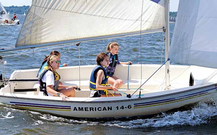 Four girls sailing in a small sailboat