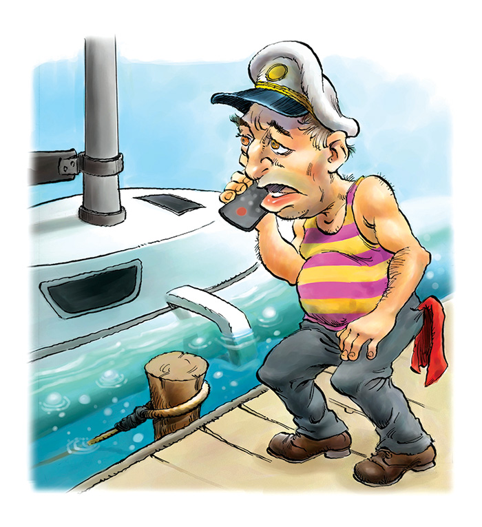 Illustration of a distraught elderly man on wearing a captains hat on his cell phone next to a white boat.
