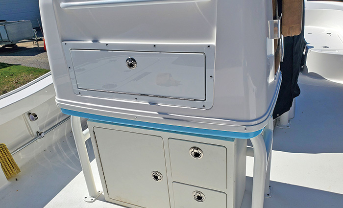 Silver Boat Outfitters Free Standing Leaning Post Tackle Unit ­installed under the leaning post in place of a cooler on a ­Caymas