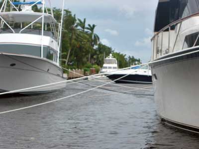 Well secured boats line a canal in Florida using a system that spared 