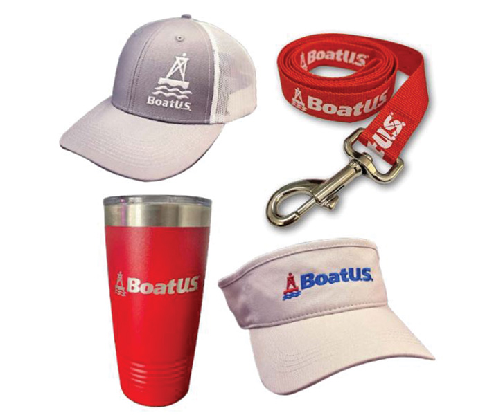 BoatU.S. branded cap, visor, tumbler and pet leash.