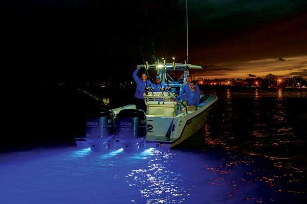 Light-Emitting Diodes use far less energy to produce the same amount of light, making them ideal for boating applications. This center console shows the eerie glow of blue underwater LEDs. (Photo: OceanLED)