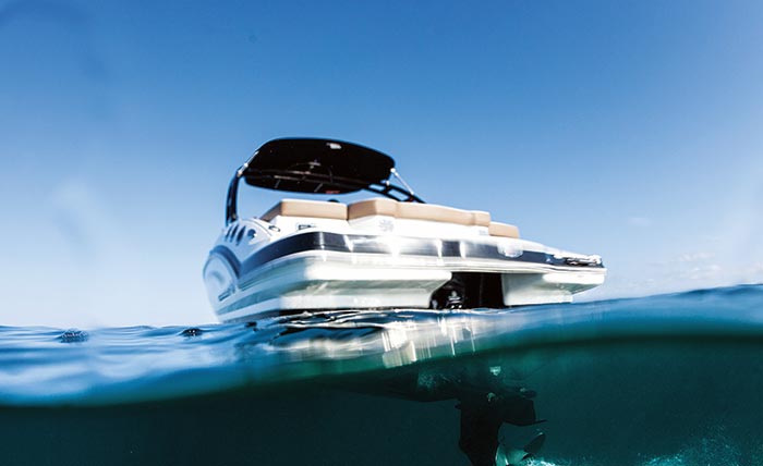 A below water view of a 250hp Mercrusier Chaparral boat