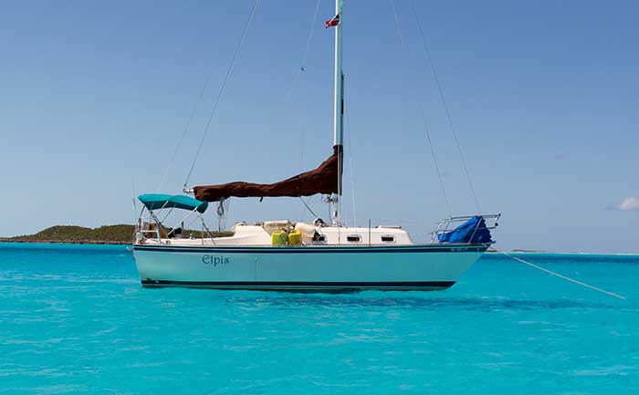 Elpis anchored in turquoise water