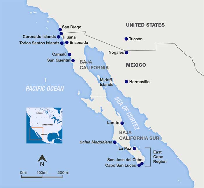 Map of Baja Peninsula including both the United States and Mexico