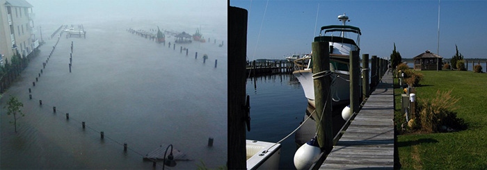Split-photo of Belhaven Waterway Marina before and after Hurricane Irene