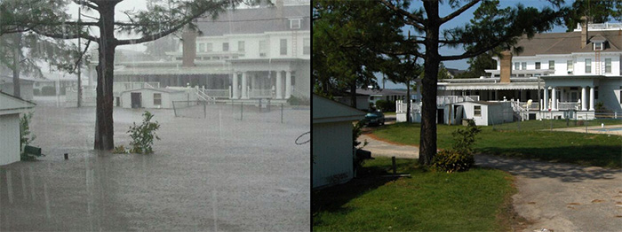 Split-photo of River Forest Marina Manor before and after Hurricane Irene