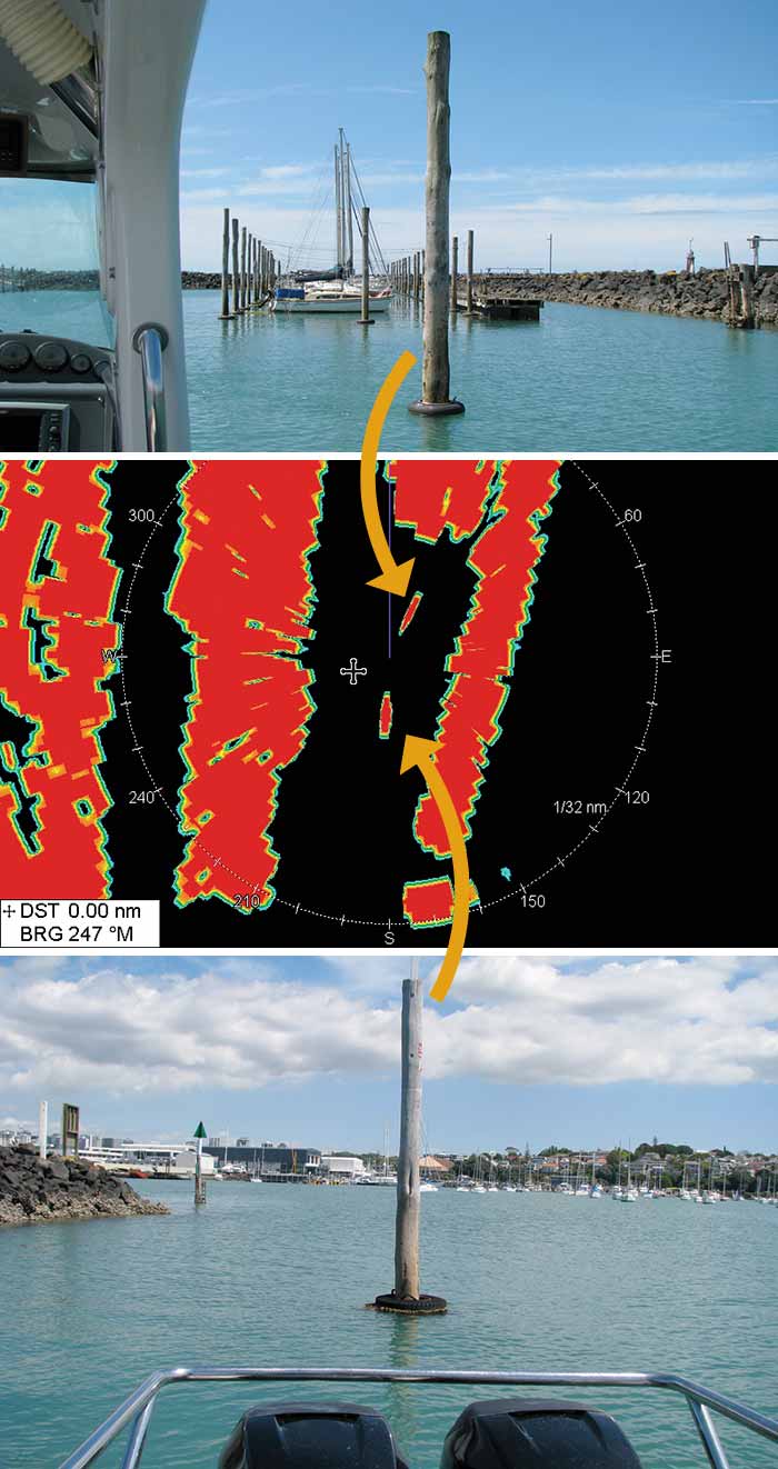 A three part photograph showing the view from the bow and aft of a power boat both between a wooden piling, in the middle a red and black radar screen with orange arrows pointing to the two pilings on the radar screen