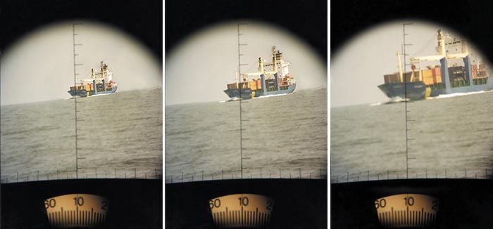 Three pictures of watching large container ship through binoculars, as it is approaching on a collision course