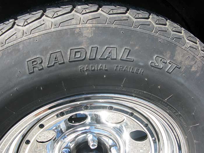 Boat trailer radial tire sidewall markings close-up