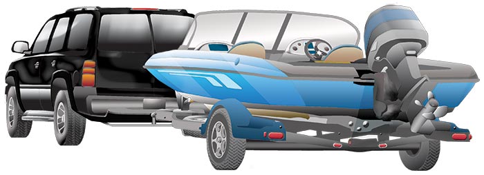 Rear view of a black SUV towing a small blue powerboat on a trailer illustration