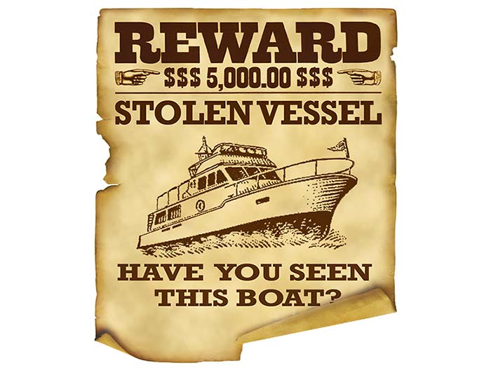 Ilustration of an old-fashioned Wanted poster with the words"STOLEN VESSEL" and a picture of a boat underneath it