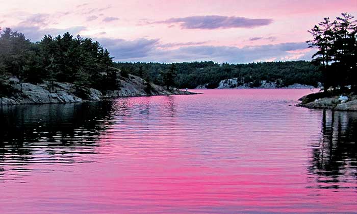 A skyline with clouds in shades of pink, purple and blue reflects off of still water flanked by the dark outline of trees