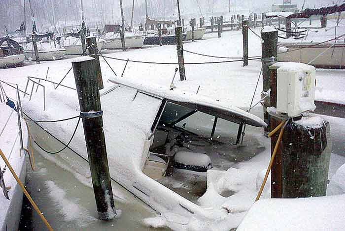 Sunken boat in the snow