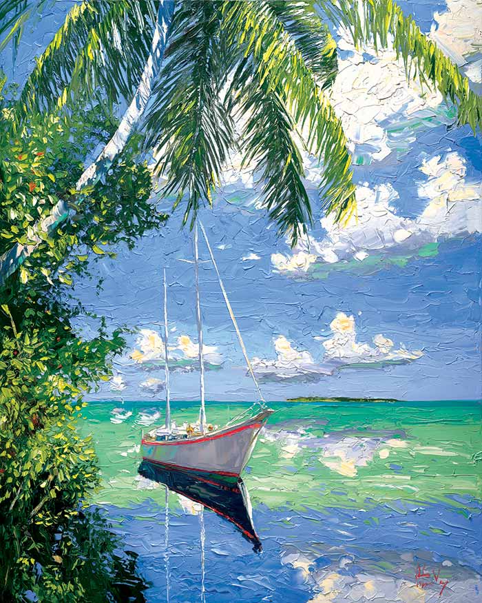 Sailboat under palm tree painting