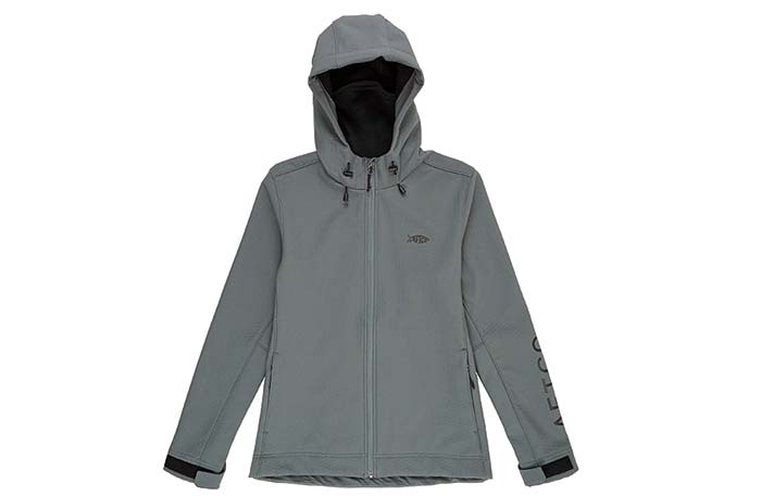 Product photo, gray colored woman's hooded jacket with black fleece lining