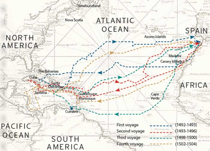 World map show tracks of Christopher Columbus's four voyages from Spain through the Caribbean