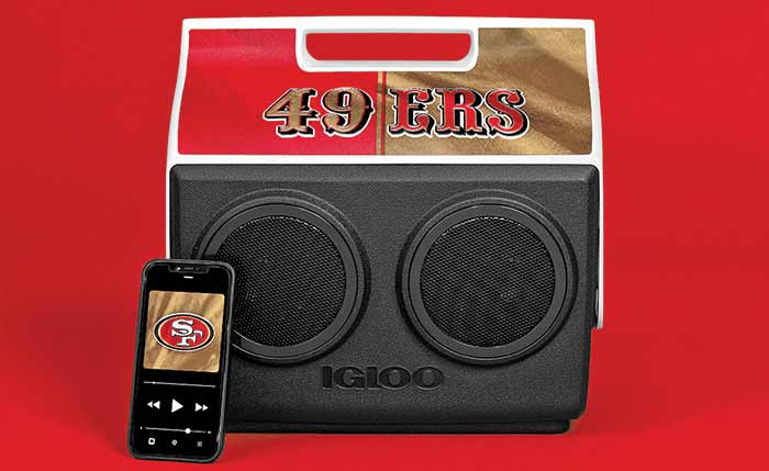 Portable cooler with 49er logo and built-in stereo speakers, cell phone with 49er logo on screen