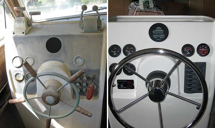 Before (left) and after (right) renovation photos of the helm of 1968 powerboat