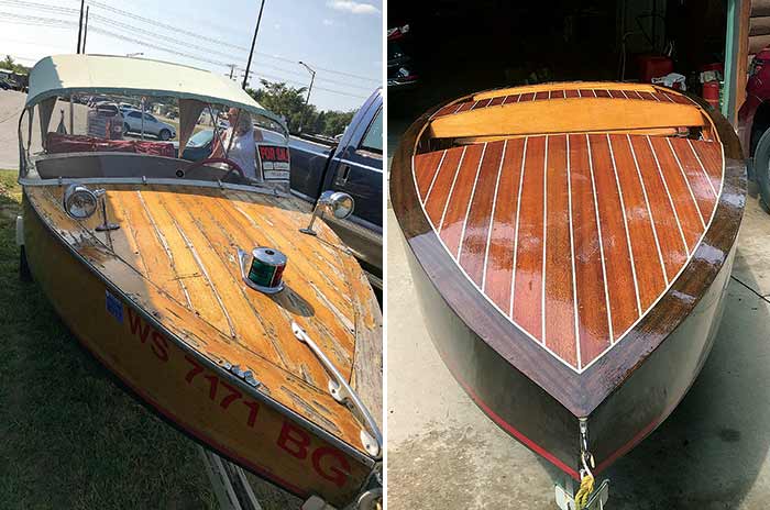 Before (left) and after (right) photos of hull of renovated wooden runabout boat