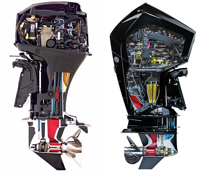 Illustraion on the left: a 2004 60-hp Mercury outboard with interior cutaway, on the right, 400 hp Mercury V6 outboard with interior cutaway shown