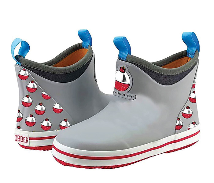 Two junior size gray rubber ankle boots with blue handles and red and white trim.