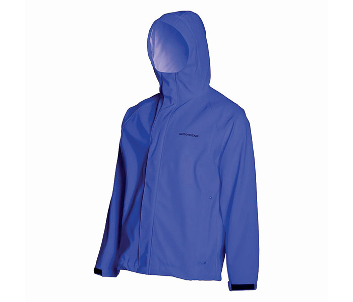 Royal blue hooded fishing jacket.