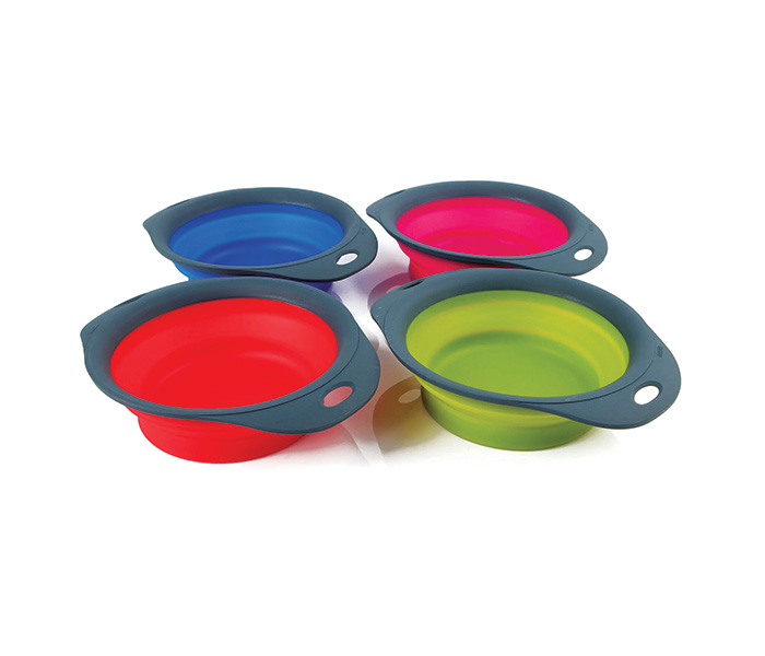 Set of four multi-color pet bowls.