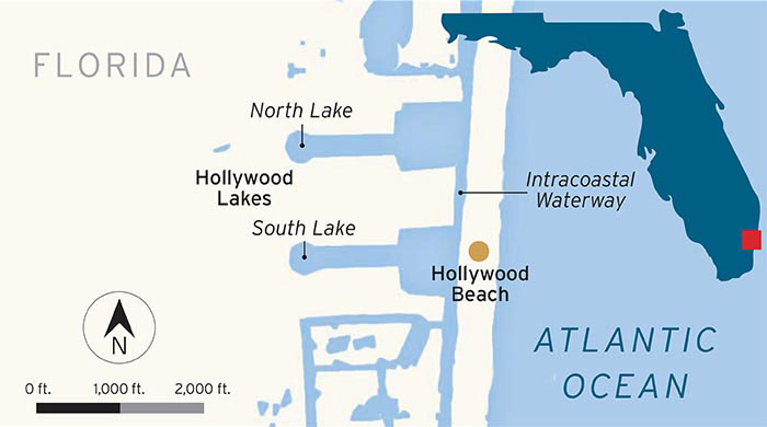 Map with close-up of Hollywood Florida coastal area and a map of the Florida showing location of Hollywood