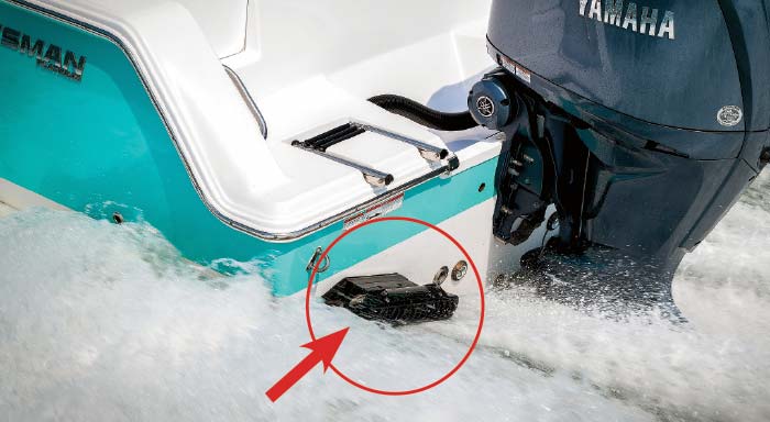 Seakeeper Ride 450 in action on a center console powerboat with red circle and arrow pointing to its position