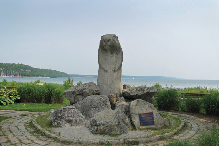 The 8' stone monument of Wiarton Willie in the day