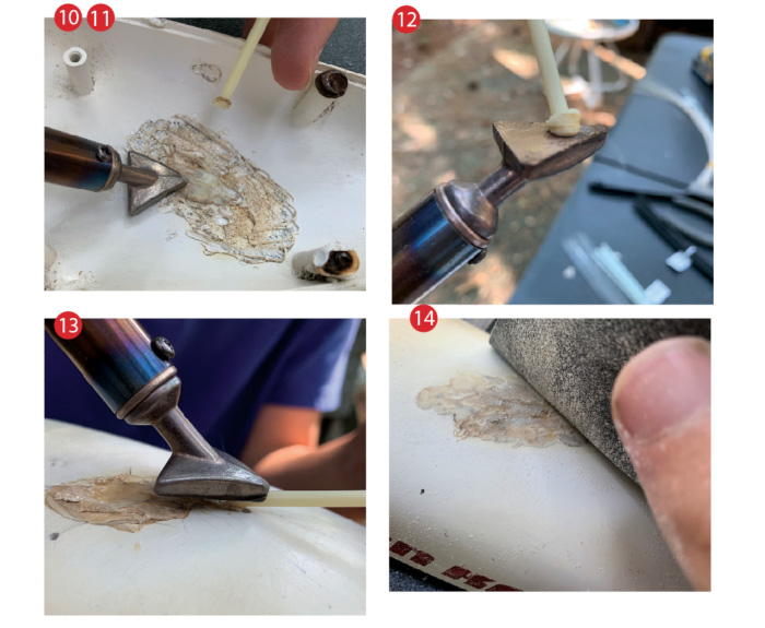 Four photos showing how to weld a plastic component on a boat.
