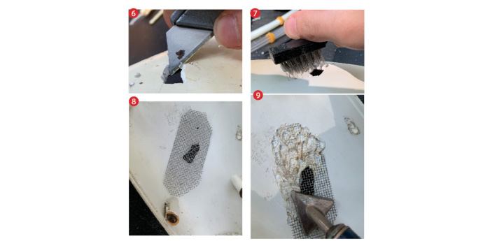 Four photos showing how to weld a plastic component on a boat.