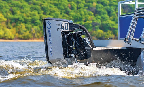 ePropulsion X40 in use on a blue pontoon boat.