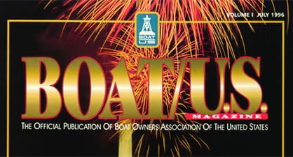 Cover of a BoatUS magazine for the 30th anniversary with fireworks