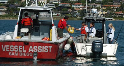 A boatus affiliated vessel assist boat providing fuel to customers in san diego