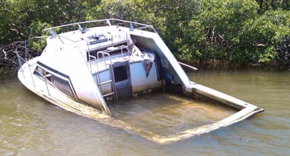 A wrecked yacht stranded in a marsh
